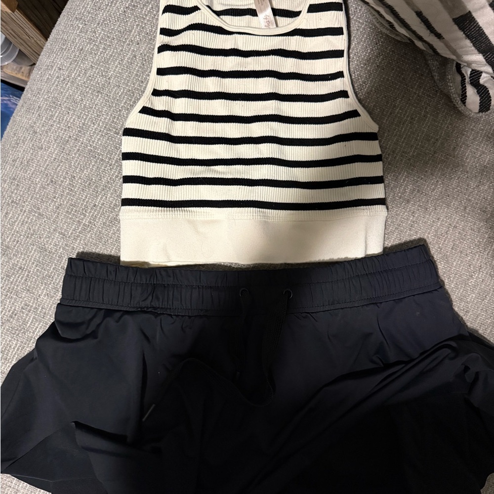 Striped Ribbed Crop Tank Top in Cream and Black , athletic material style skort